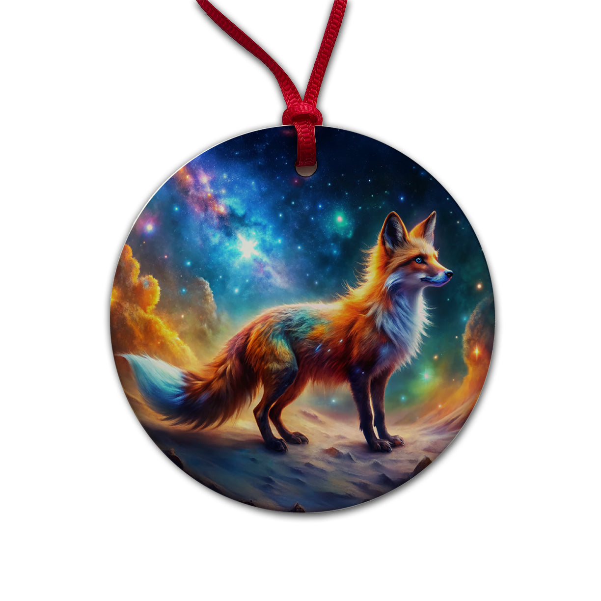 Sci-fi Fantasy Fox In Space Nebula Background Round Ceramic Holiday Christmas Tree Ornament