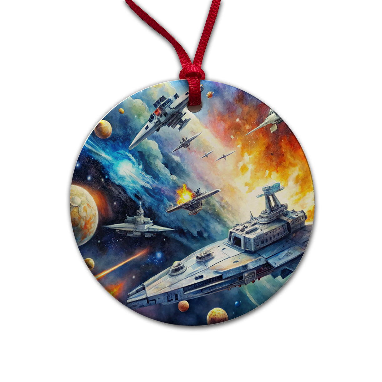 Sci-fi Space Battle Watercolor Round Ceramic Holiday Christmas Tree Ornament
