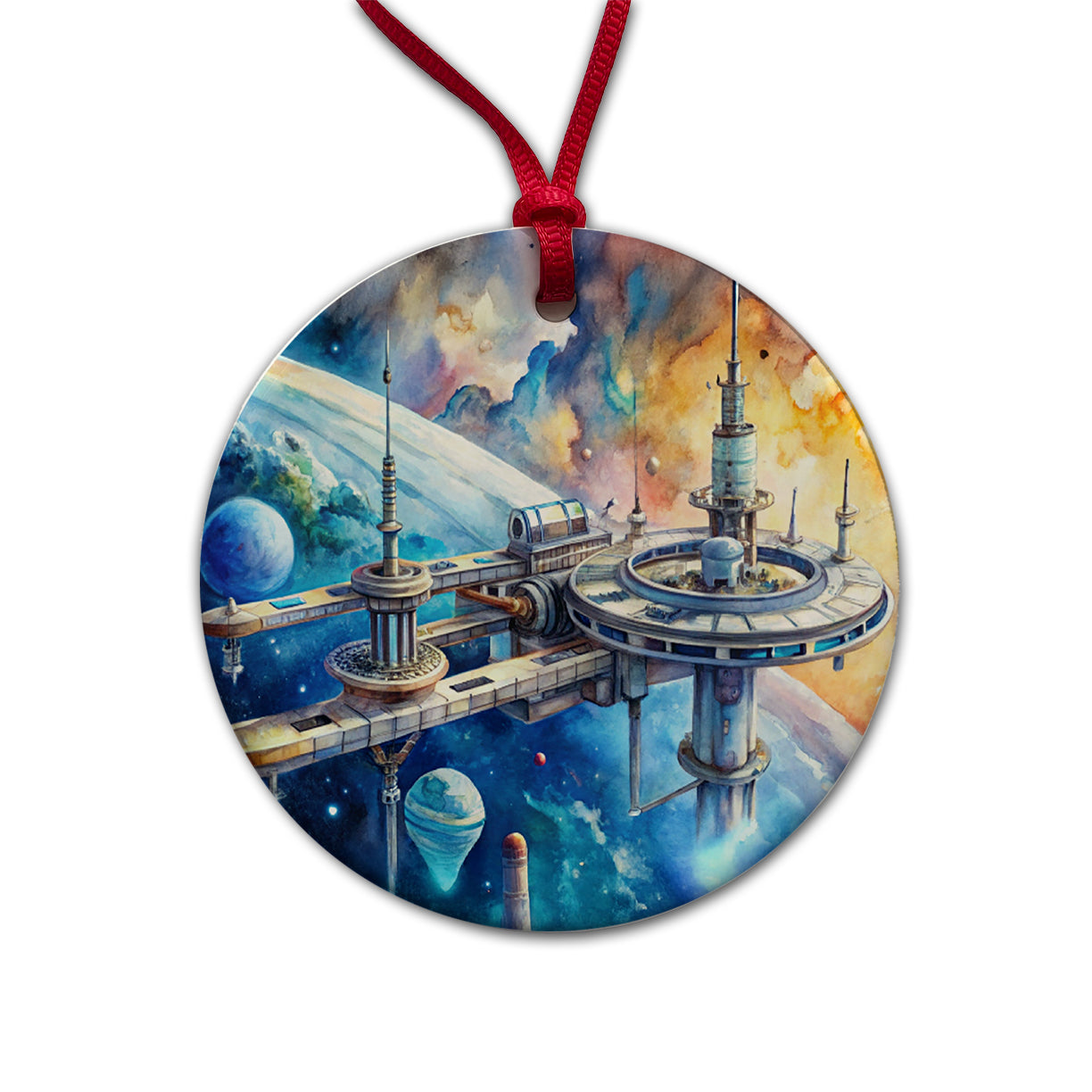 Sci-fi Space Station In Orbit Watercolor Round Ceramic Holiday Christmas Tree Ornament