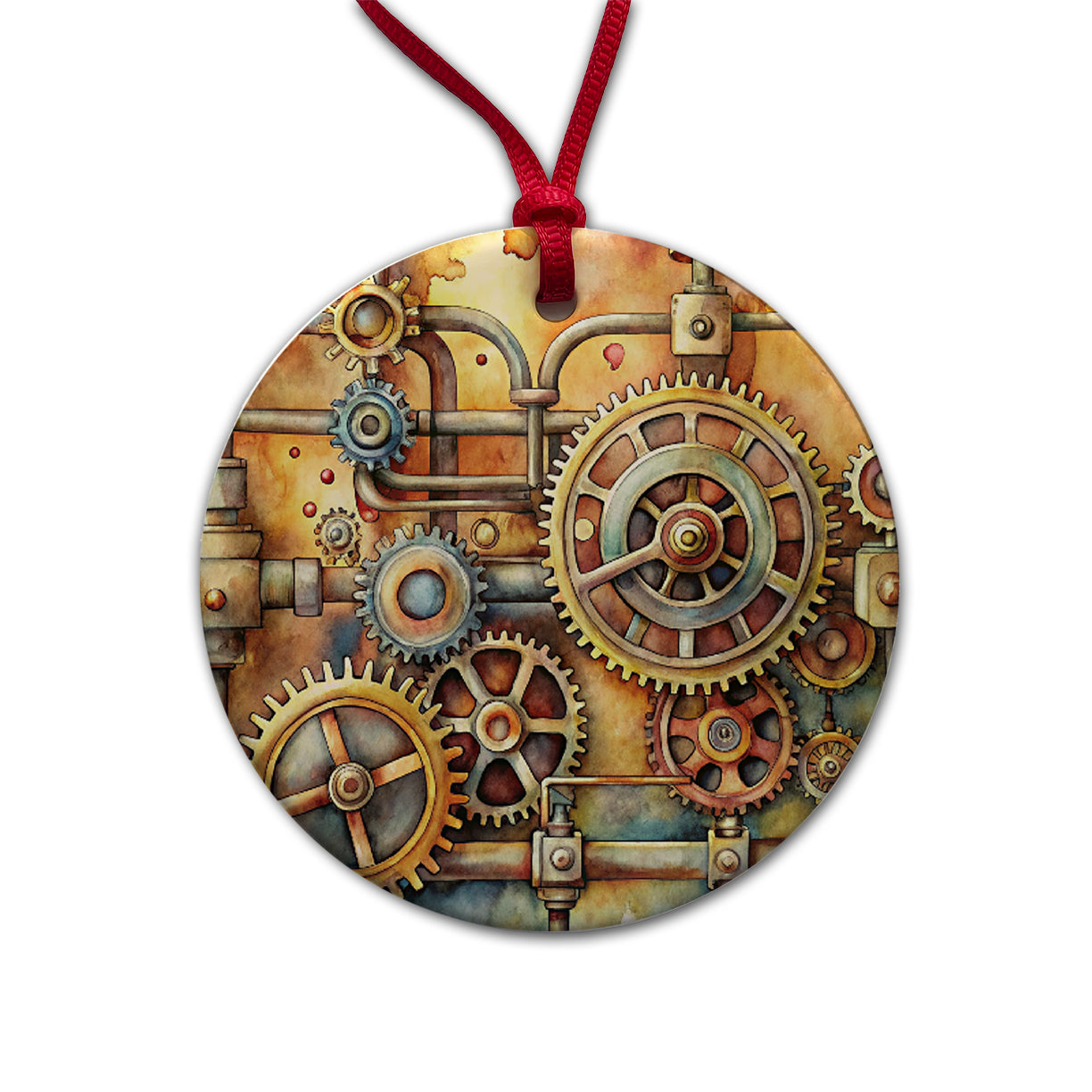 Sci-fi Steampunk Gears And Pipes Watercolor Round Ceramic Holiday Christmas Tree Ornament