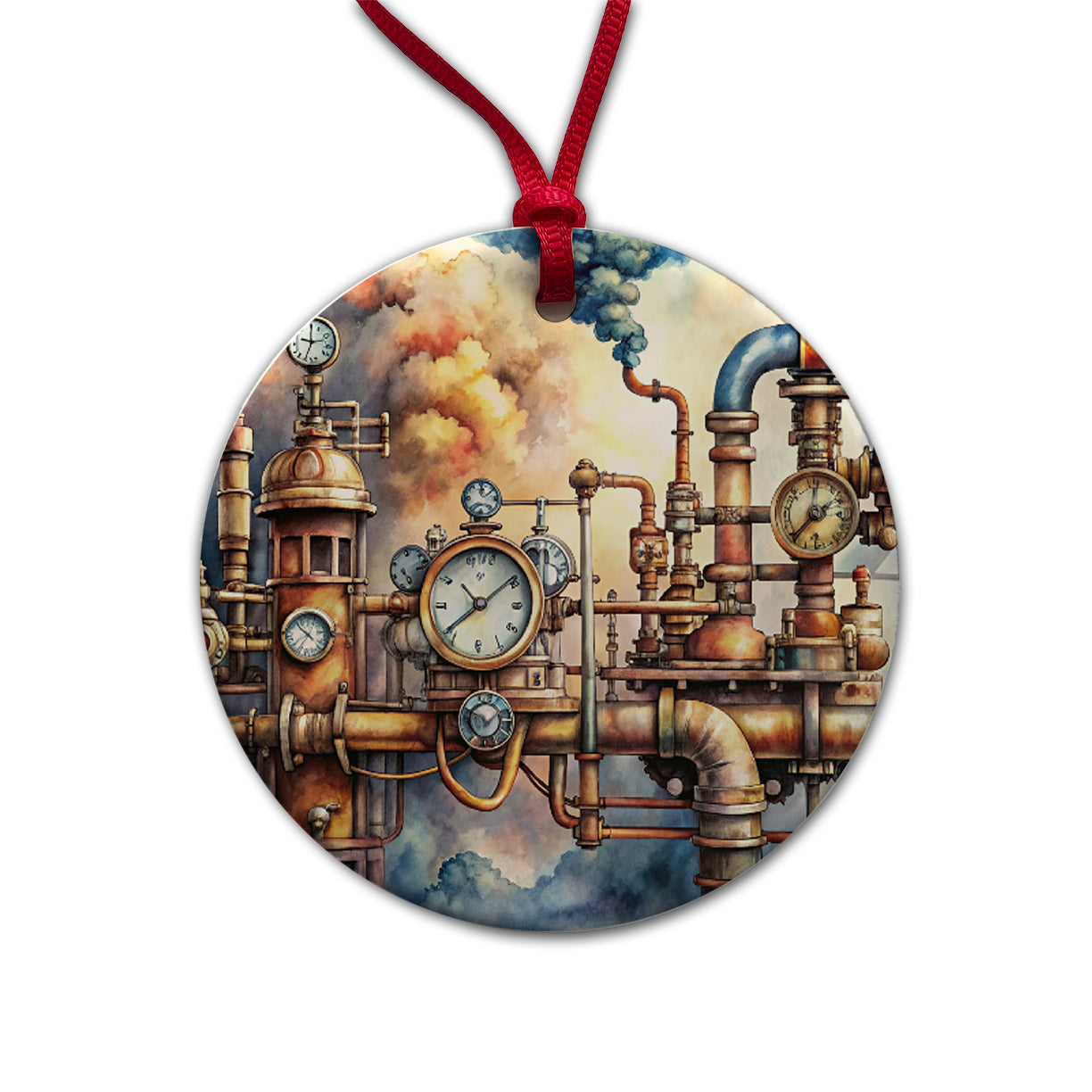 Sci-fi Steampunk Pipes Steam Gauges Watercolor Round Ceramic Holiday Christmas Tree Ornament