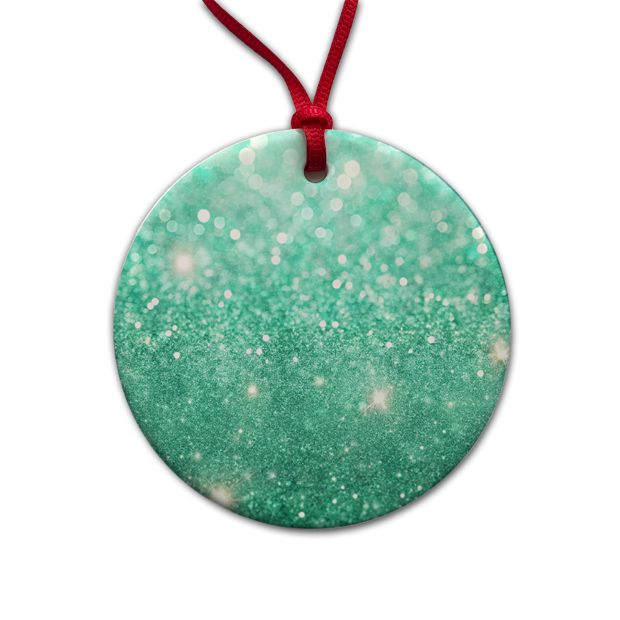 Sea Green Faux Glitter Round Ceramic Holiday Christmas Tree Ornament