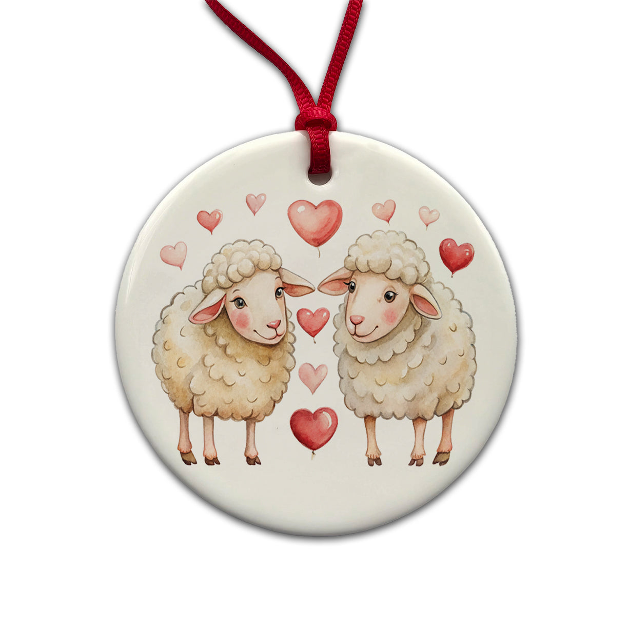 Sheep In Love With Hearts Valentine's Day Round Ceramic Holiday Christmas Tree Ornament