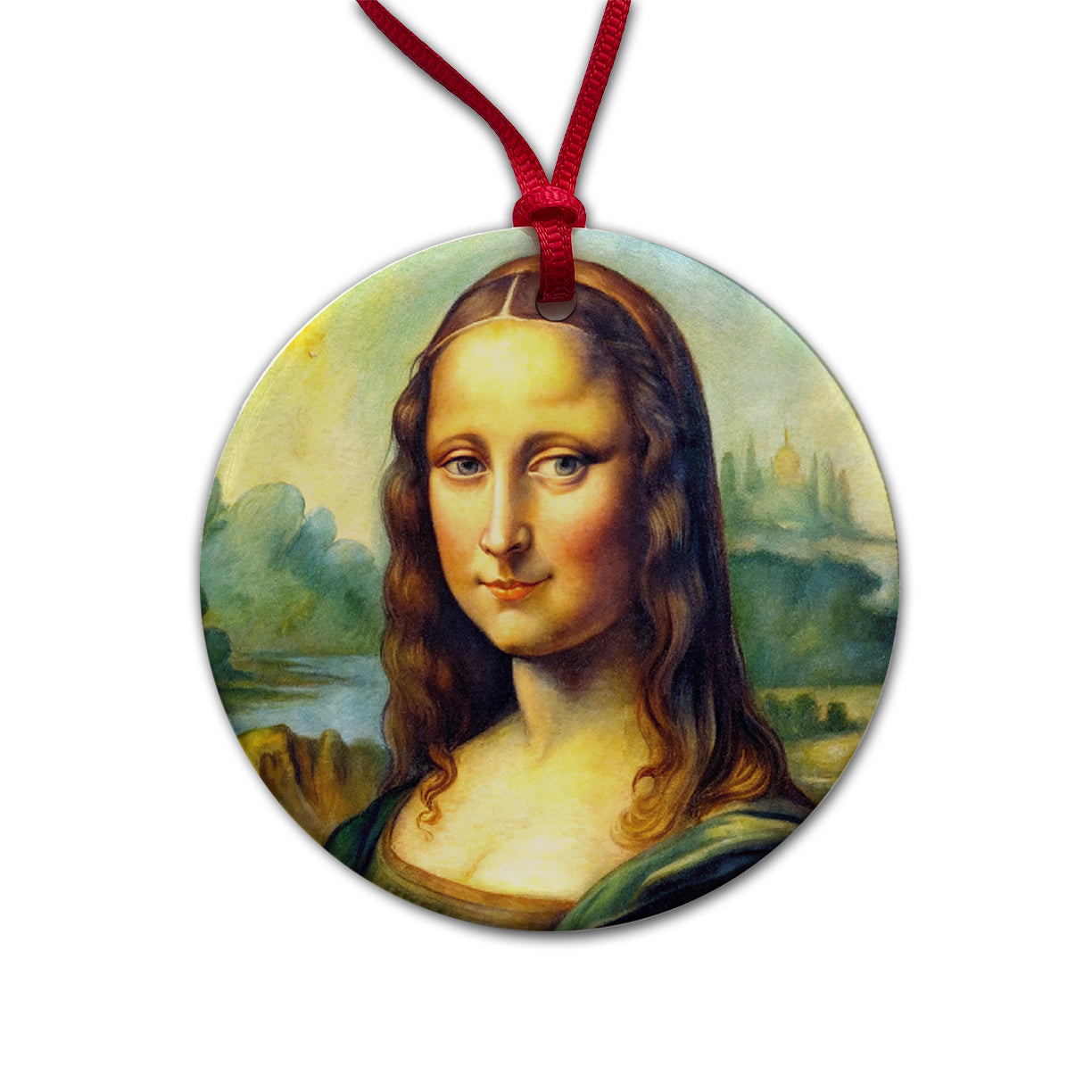 Simple Faux Mona Lisa Watercolor Painting Round Ceramic Holiday Christmas Tree Ornament