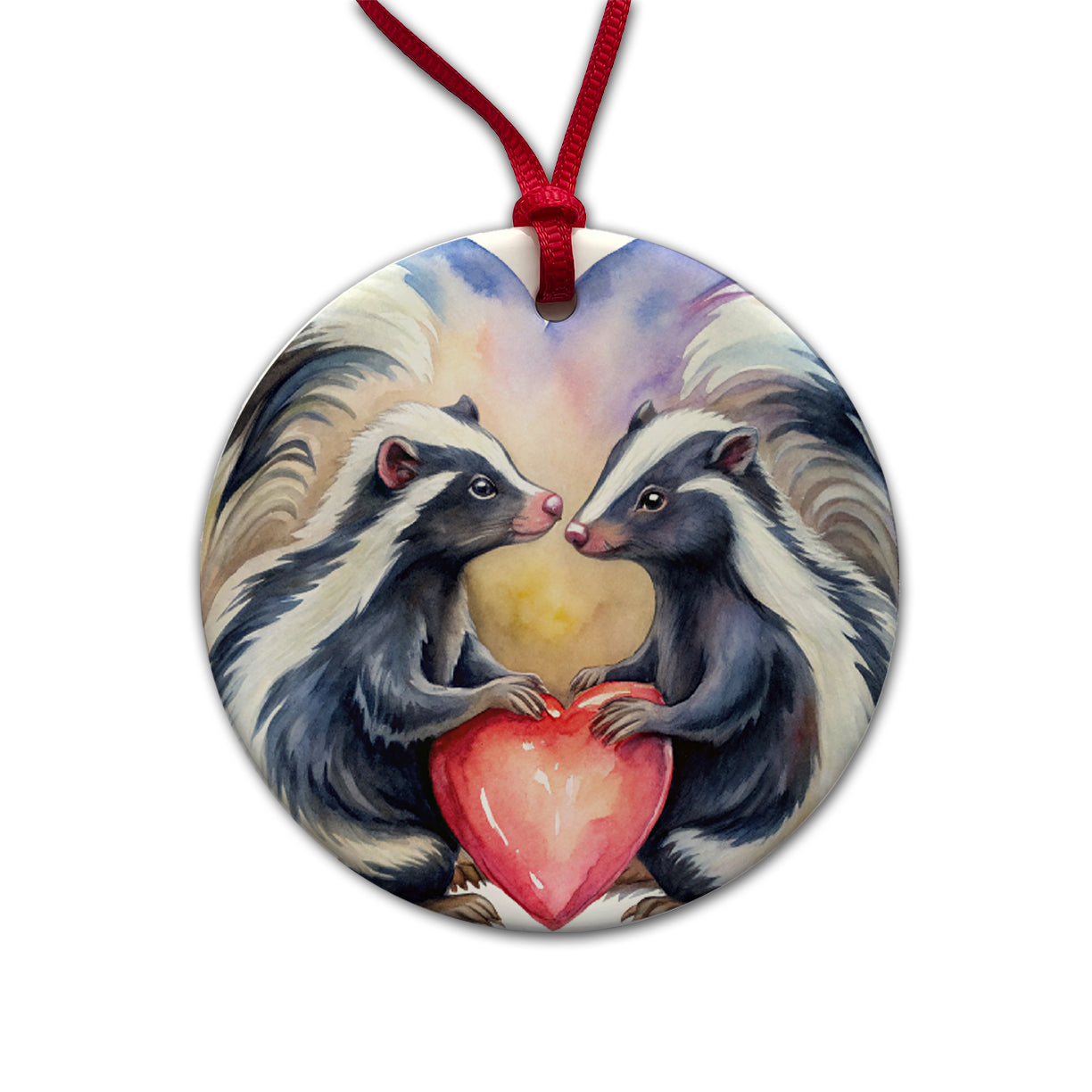 Skunks In Love Hearts Valentine's Day Round Ceramic Holiday Christmas Tree Ornament