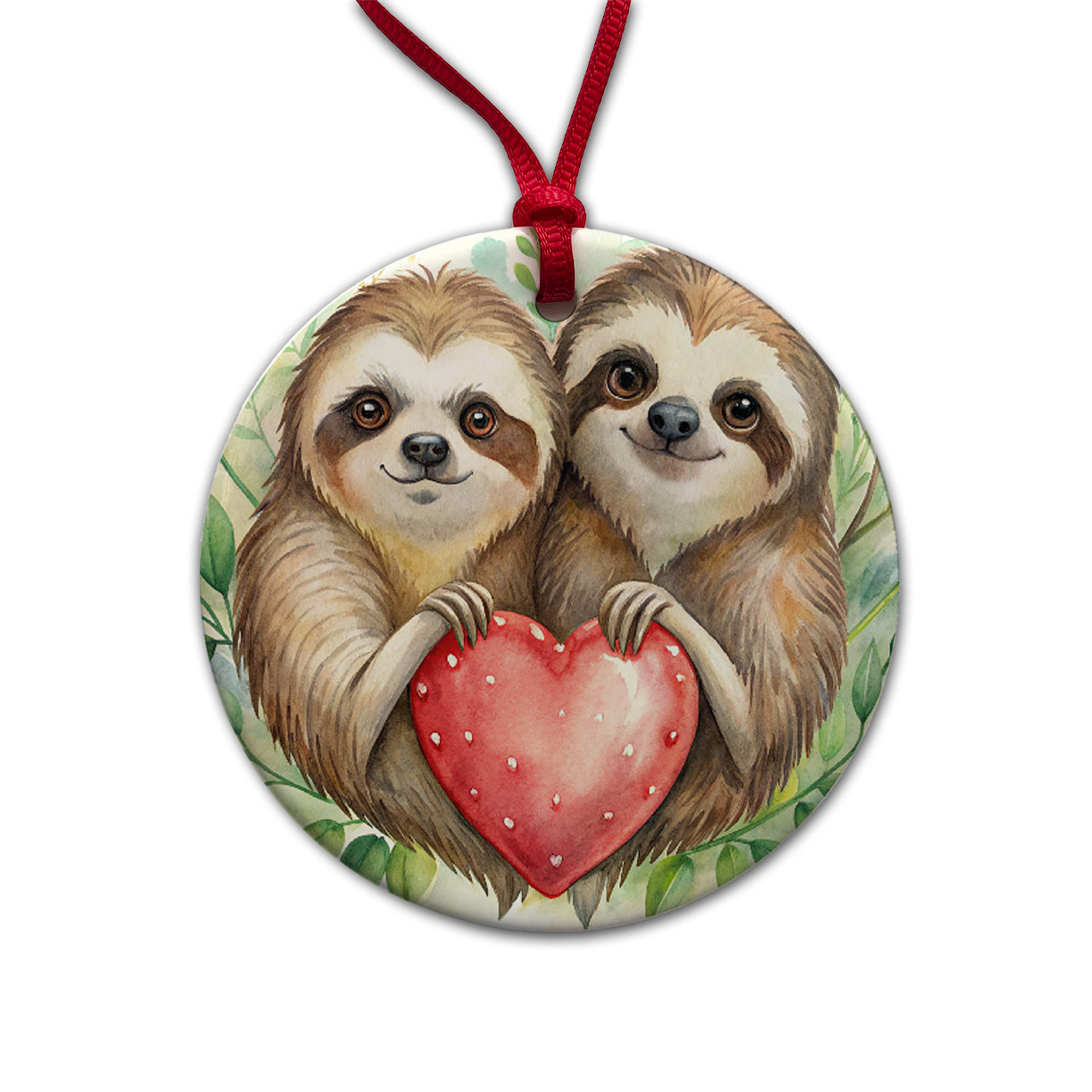 Sloths In Love Hearts Valentine's Day Round Ceramic Holiday Christmas Tree Ornament