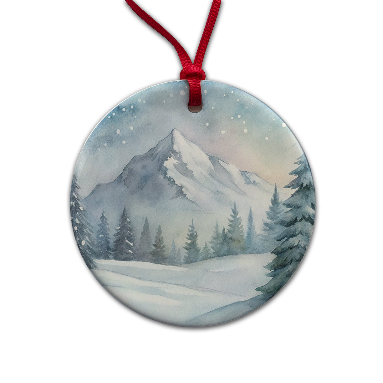 Snowy Wilderness Watercolor Round Ceramic Holiday Christmas Tree Ornament
