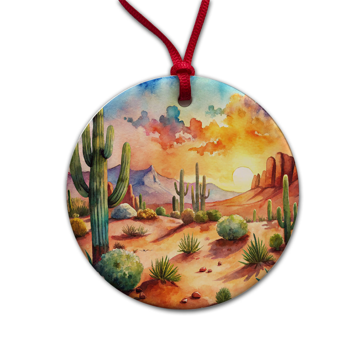 Southwest Desert Cactus Watercolor Round Ceramic Holiday Christmas Tree Ornament