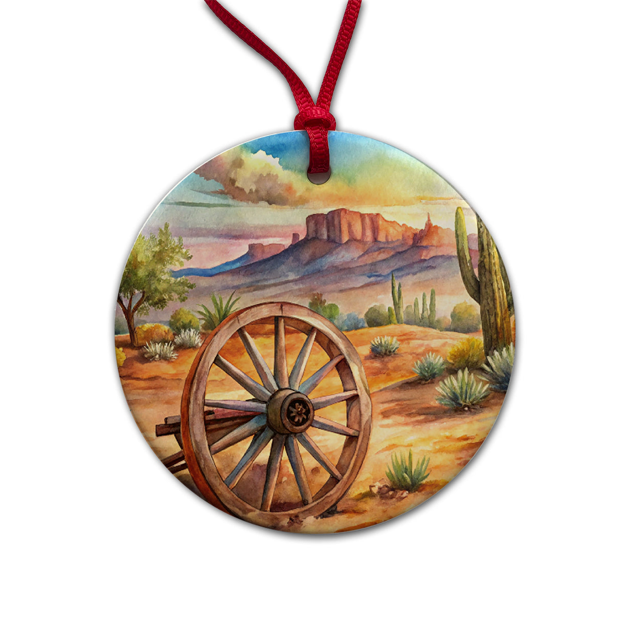 Southwest Desert With Abandoned Wagon Wheel Watercolor Round Ceramic Holiday Christmas Tree Ornament