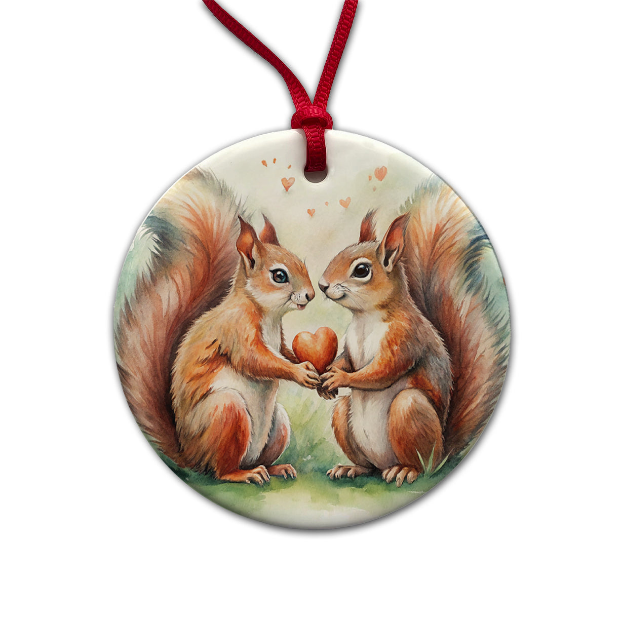 Squirrels In Love Hearts Valentine's Day Round Ceramic Holiday Christmas Tree Ornament