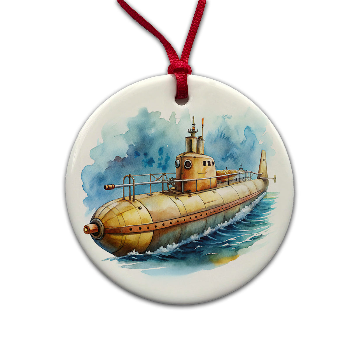 Steampunk Sci-fi Fantasy Retro Submarine Watercolor Round Ceramic Holiday Christmas Tree Ornament