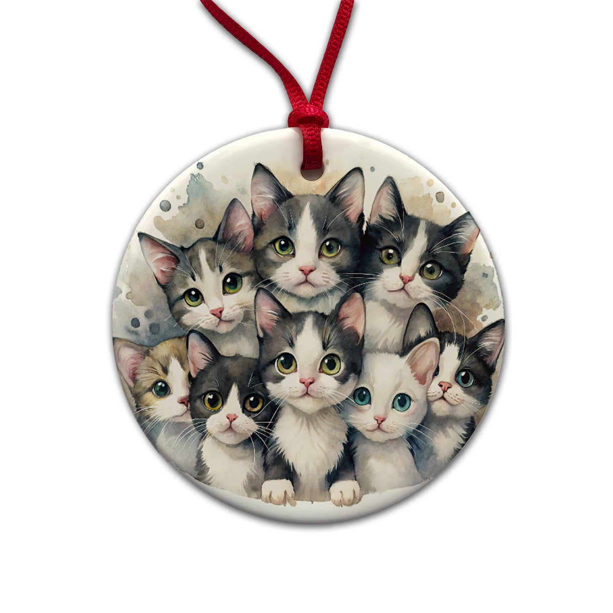 Sweet Black And White Cats Round Ceramic Holiday Christmas Tree Ornament