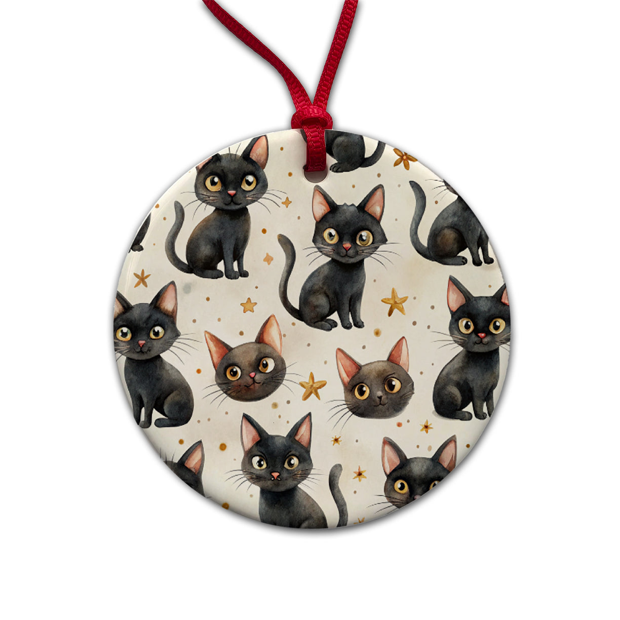 Sweet Black Cats Yellow Stars Round Ceramic Holiday Christmas Tree Ornament