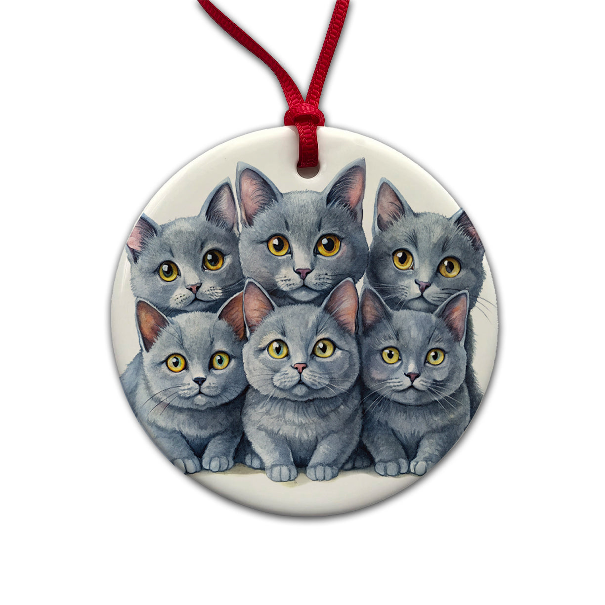 Sweet Chartreux Cats Round Ceramic Holiday Christmas Tree Ornament