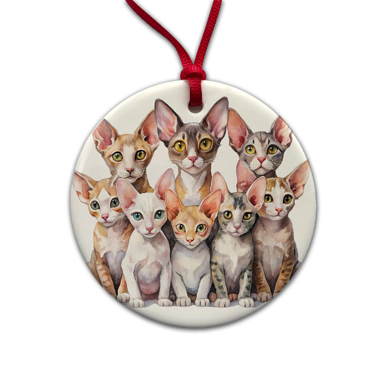 Sweet Cornish Rex Cats Round Ceramic Holiday Christmas Tree Ornament