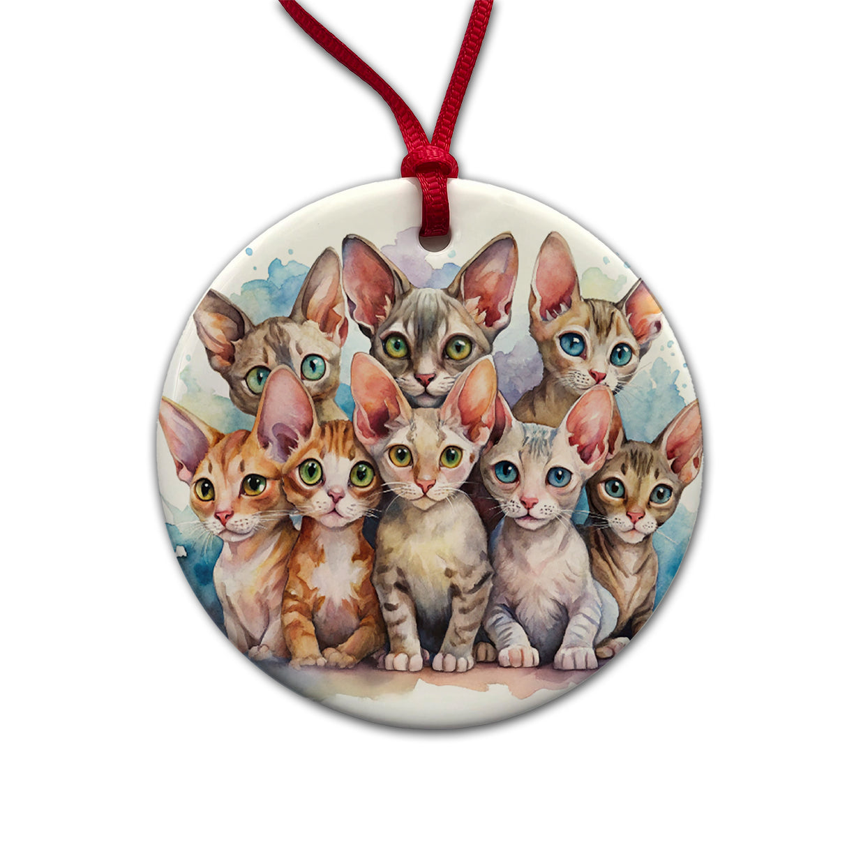 Sweet Devon Rex Cats Round Ceramic Holiday Christmas Tree Ornament