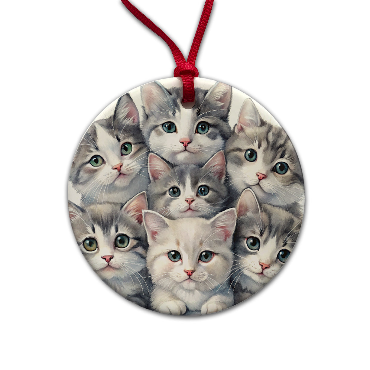 Sweet Gray And White Cats Round Ceramic Holiday Christmas Tree Ornament