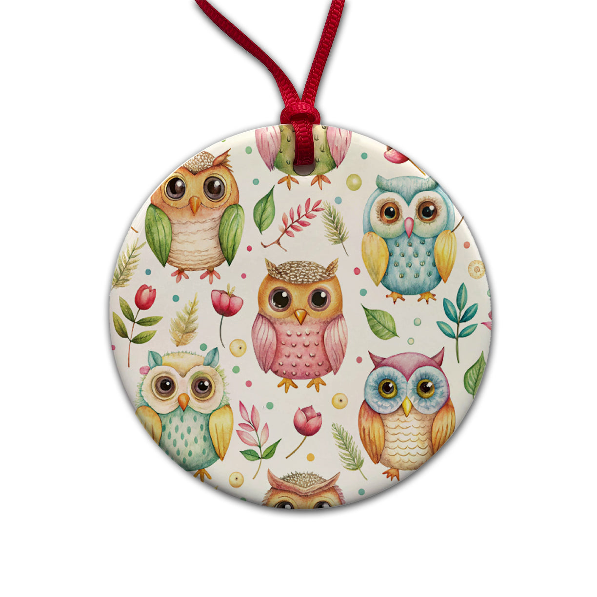 Sweet Owls Round Ceramic Holiday Christmas Tree Ornament