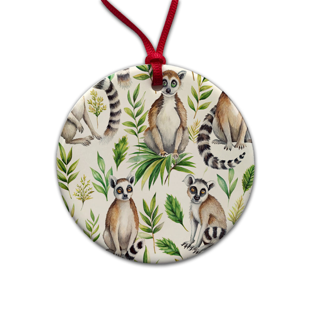 Sweet Ringtail Lemurs Round Ceramic Holiday Christmas Tree Ornament