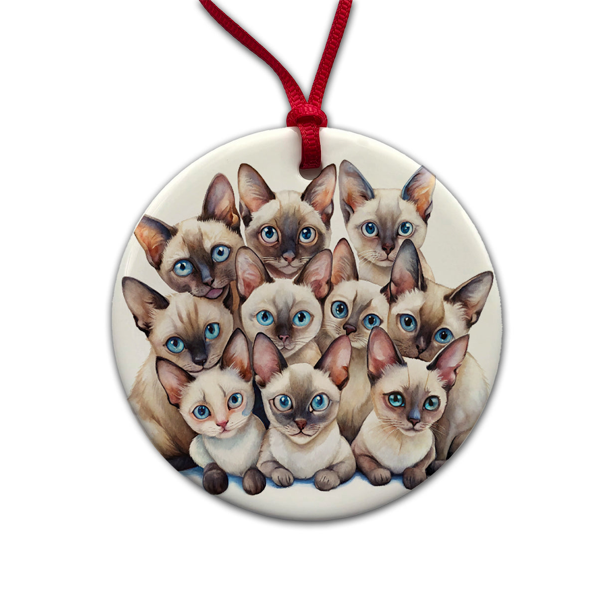 Sweet Siamese Cats Round Ceramic Holiday Christmas Tree Ornament