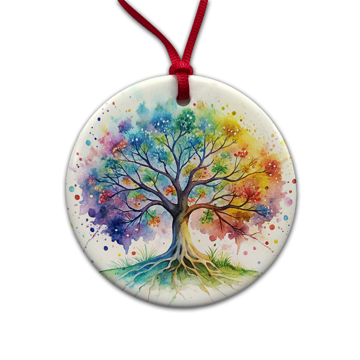 Tree Of Life Rainbow Watercolor Round Ceramic Holiday Christmas Tree Ornament