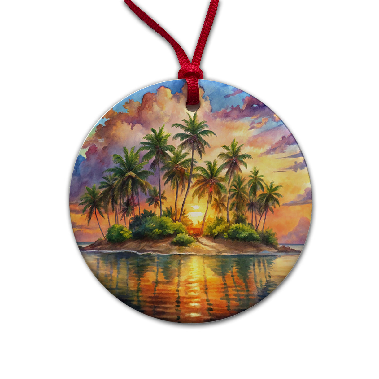 Tropical Deserted Island At Sunrise Watercolor Round Ceramic Holiday Christmas Tree Ornament