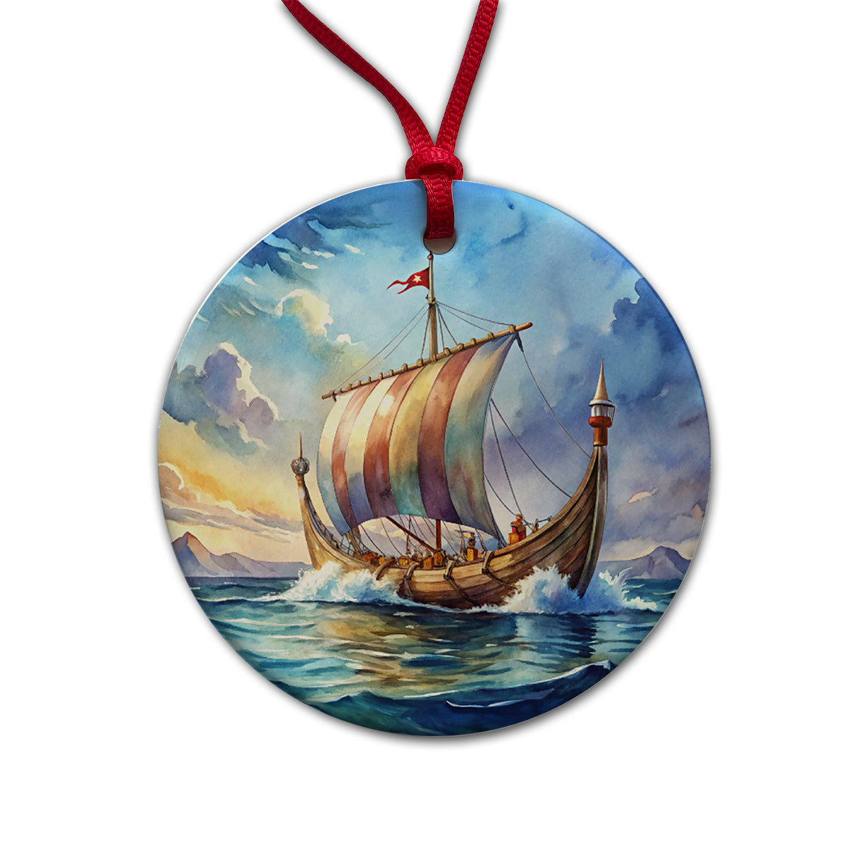Viking Ship On The Ocean Watercolor Round Ceramic Holiday Christmas Tree Ornament