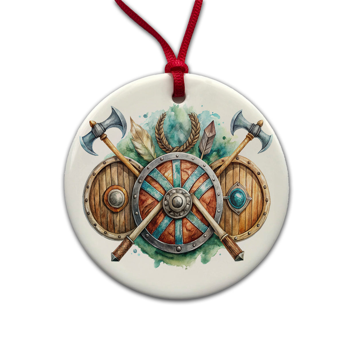 Viking Symbols Shields Axes Watercolor Round Ceramic Holiday Christmas Tree Ornament