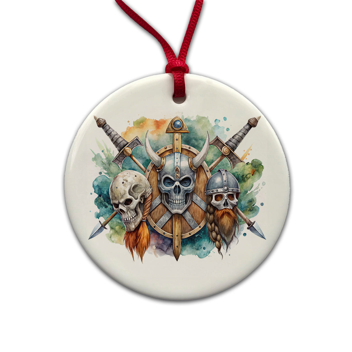 Viking Symbols Shields Swords Skulls Watercolor Round Ceramic Holiday Christmas Tree Ornament