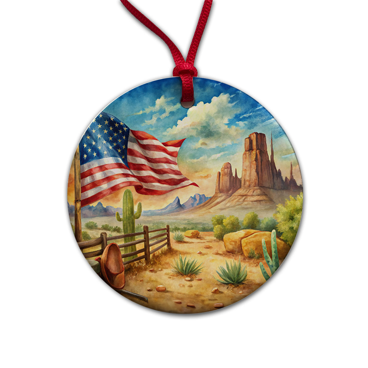 Western Americana American Flag Country Watercolor Round Ceramic Holiday Christmas Tree Ornament