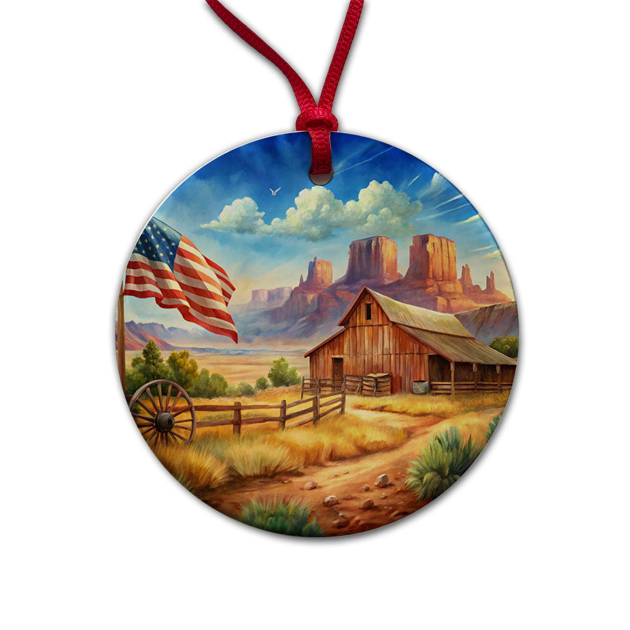 Western Americana Country Flag Ranch Wagon Wheel Round Ceramic Holiday Christmas Tree Ornament