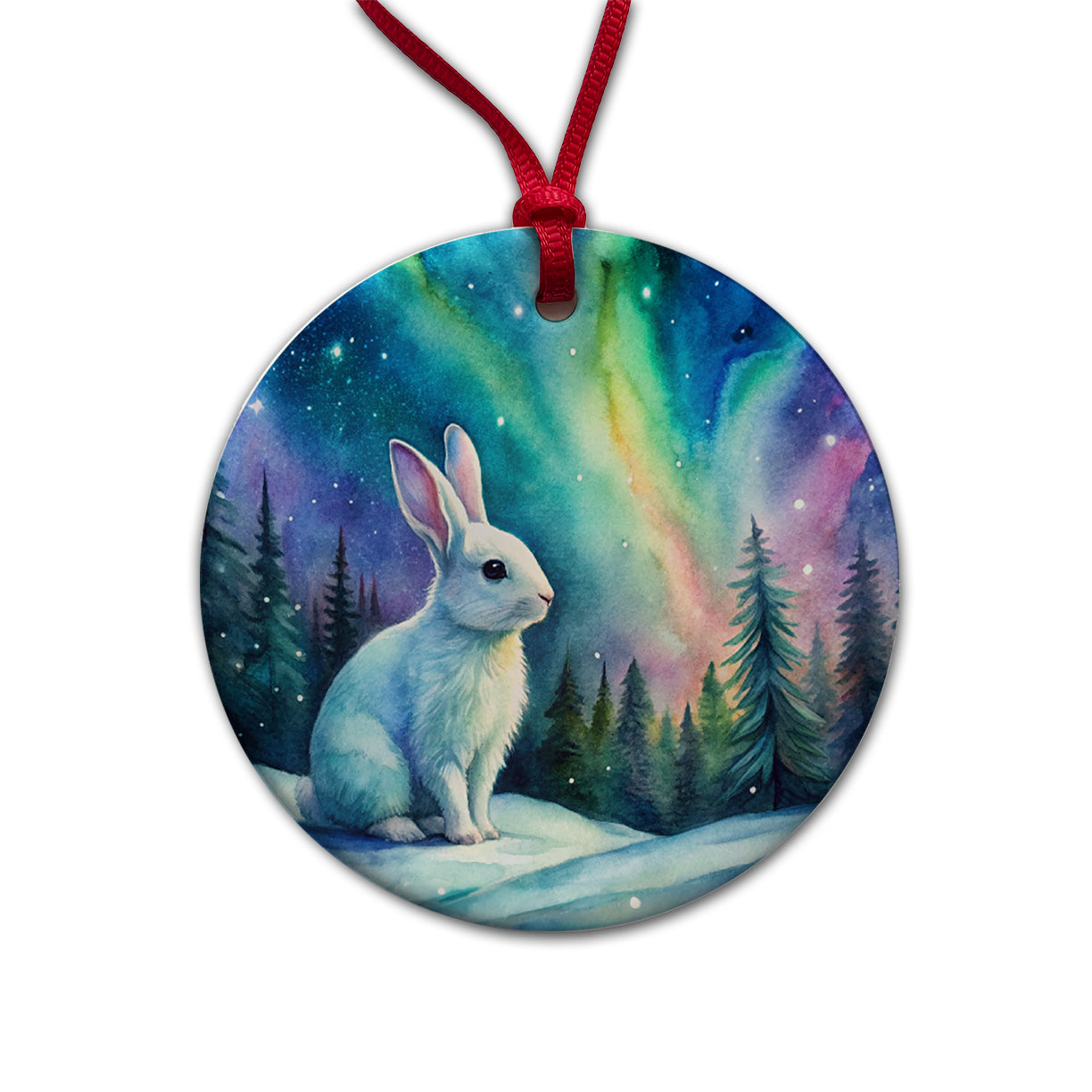White Bunny Rabbit And Northern Lights Watercolor Round Ceramic Holiday Christmas Tree Ornament