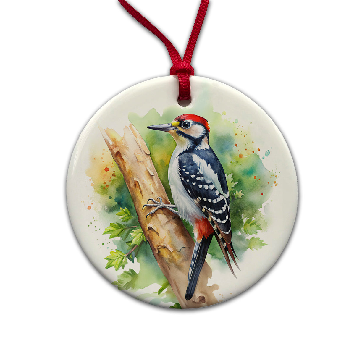 Woodpecker In Tree Bird Watercolor Round Ceramic Holiday Christmas Tree Ornament