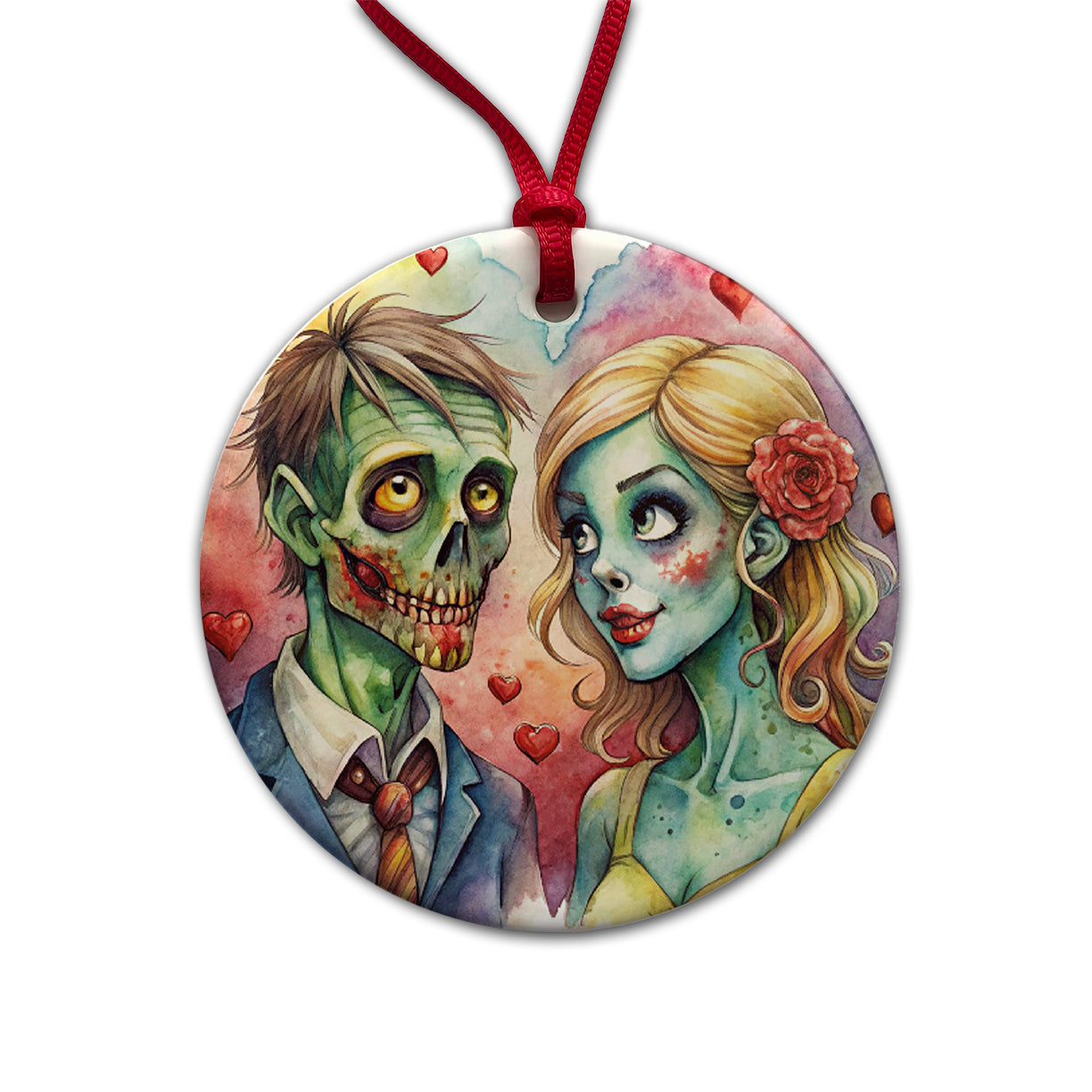 Zombies In Love Valentine's Day Halloween Round Ceramic Holiday Christmas Tree Ornament