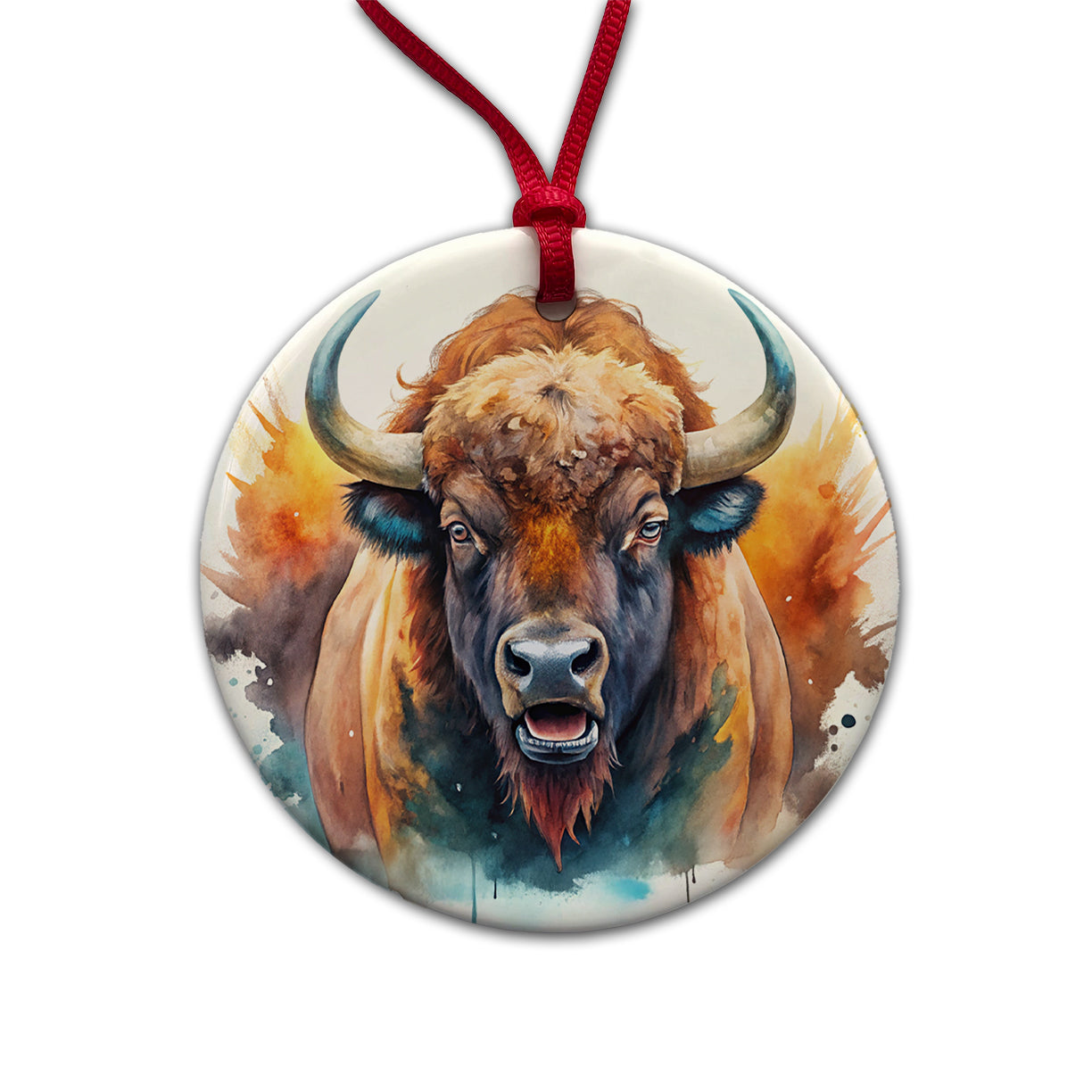 Angry American Bison Buffalo Watercolor Round Ceramic Holiday Christmas Tree Ornament