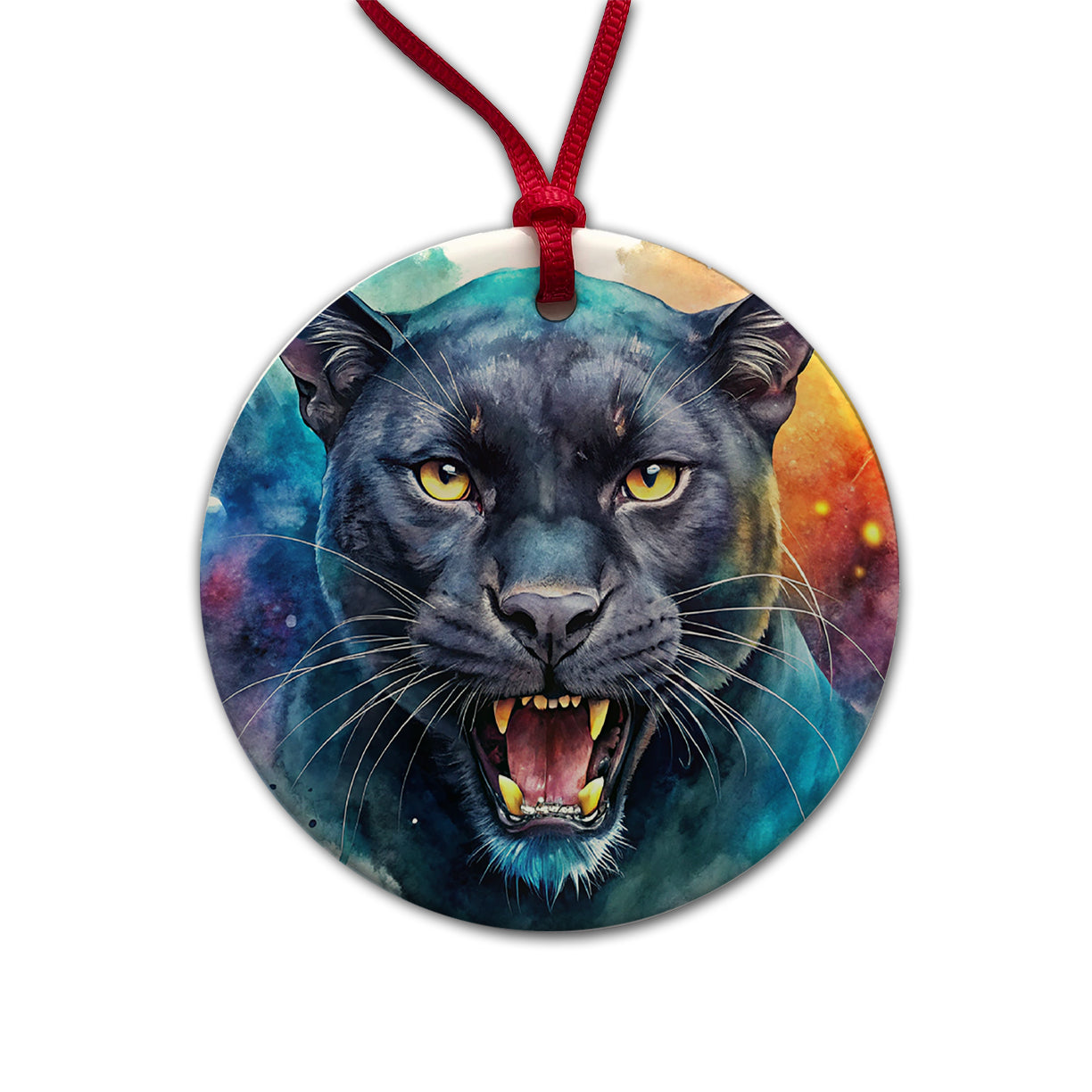 Angry Black Panther Watercolor Round Ceramic Holiday Christmas Tree Ornament