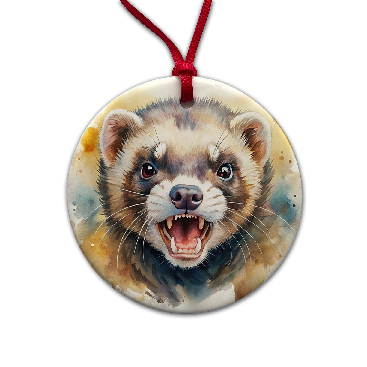 Angry Ferret Watercolor Round Ceramic Holiday Christmas Tree Ornament