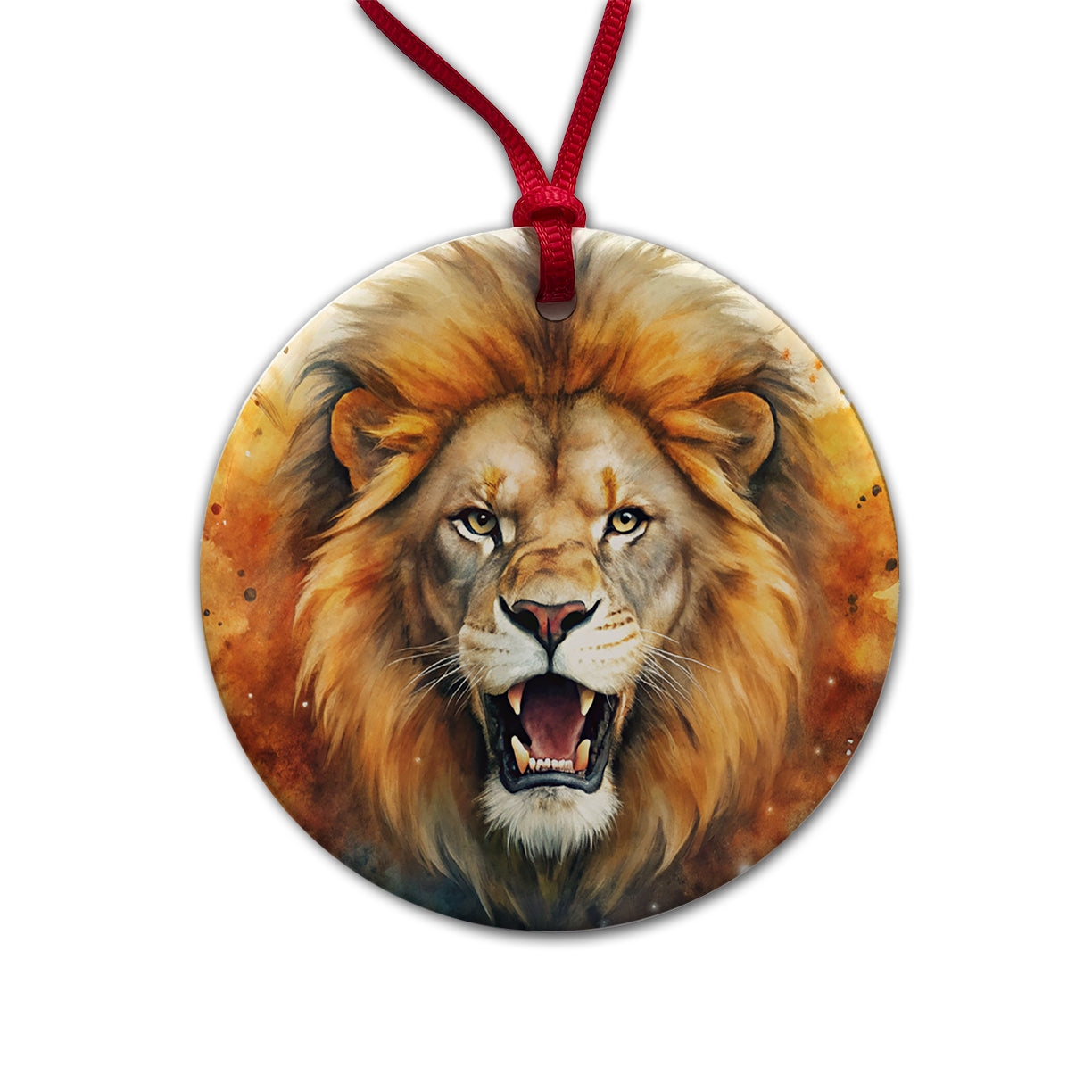 Angry Male Lion Watercolor Round Ceramic Holiday Christmas Tree Ornament