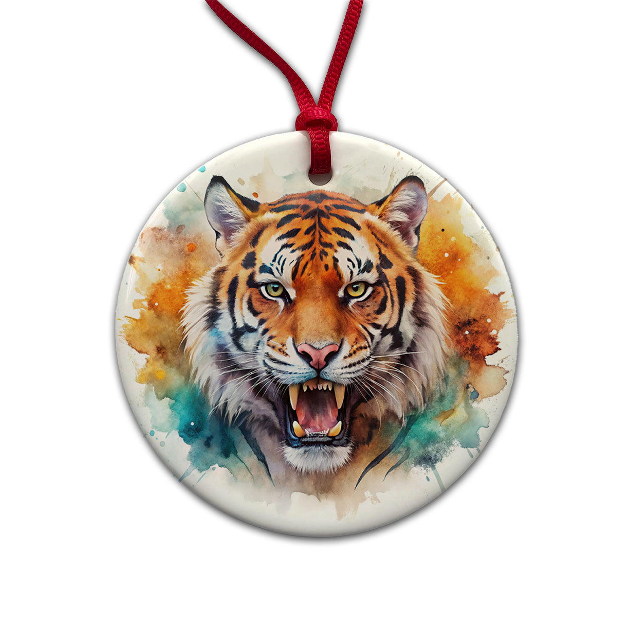 Angry Tiger Watercolor Round Ceramic Holiday Christmas Tree Ornament