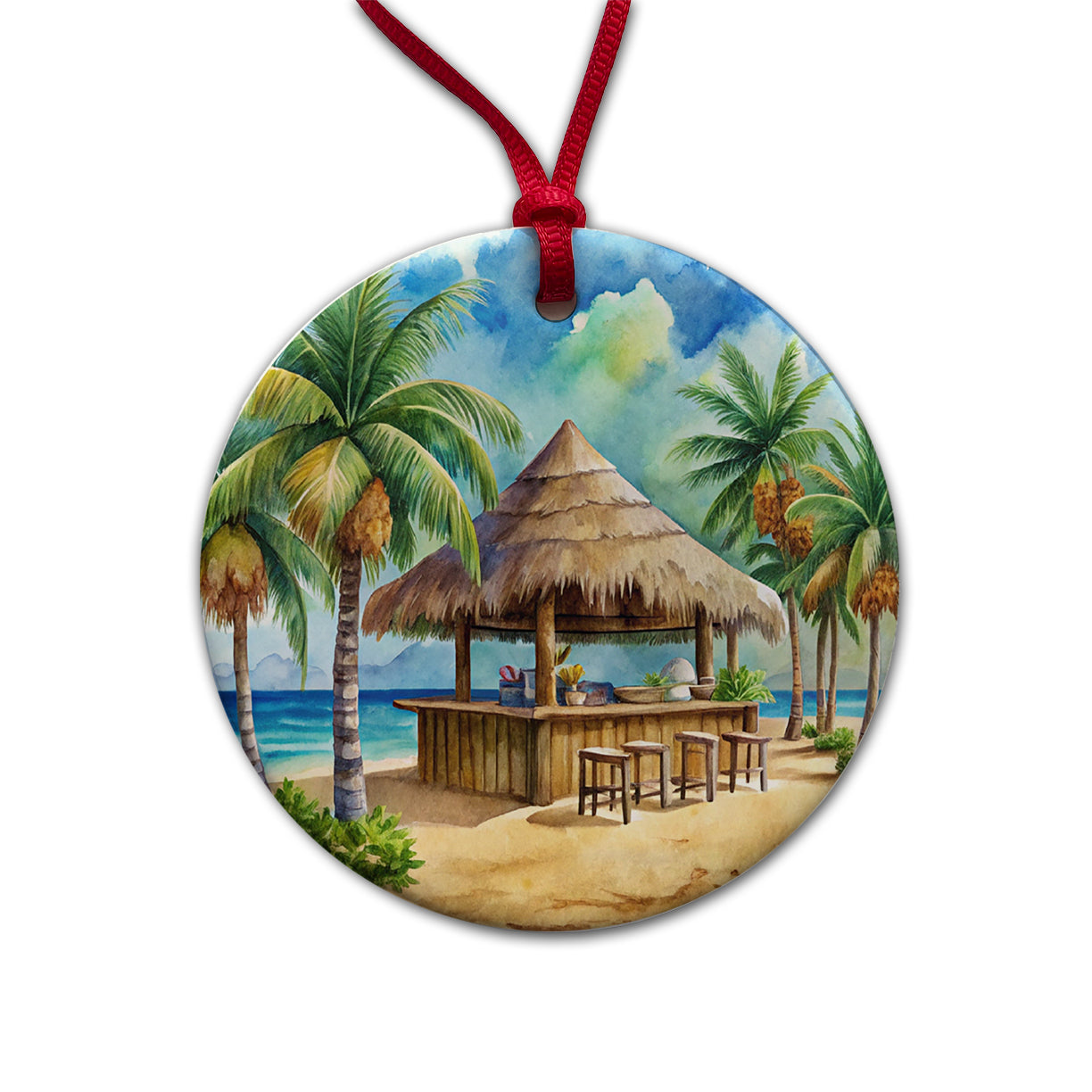 Beach Resort Tropical Scene With Tiki Bar Round Ceramic Holiday Christmas Tree Ornament