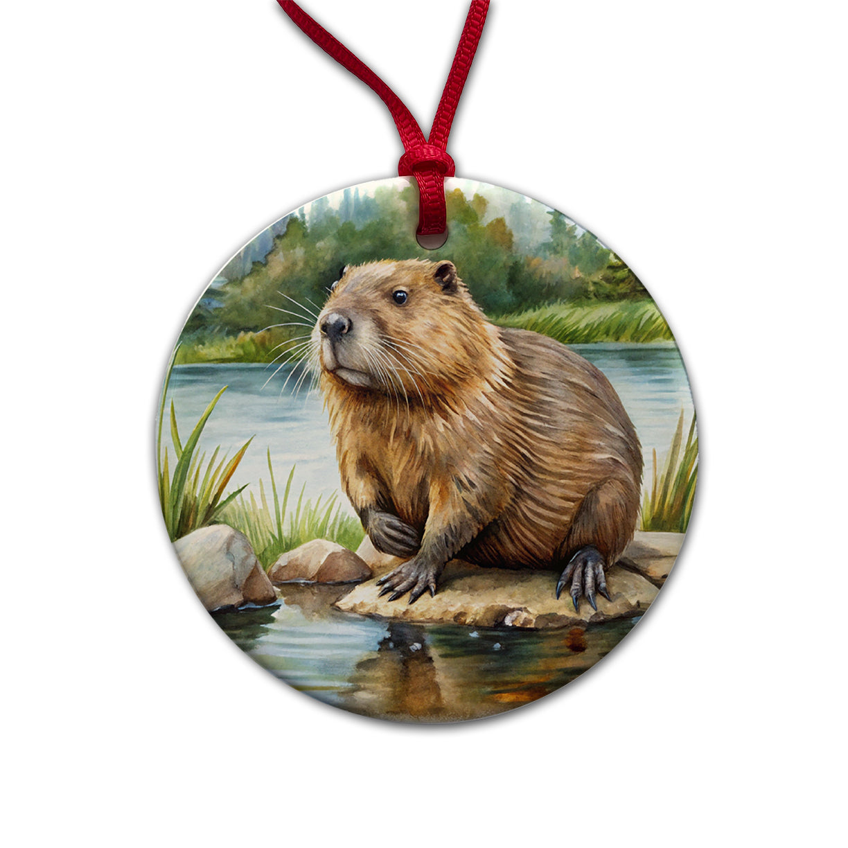 Beaver in the Pond Dam Watercolor Round Ceramic Holiday Christmas Tree Ornament