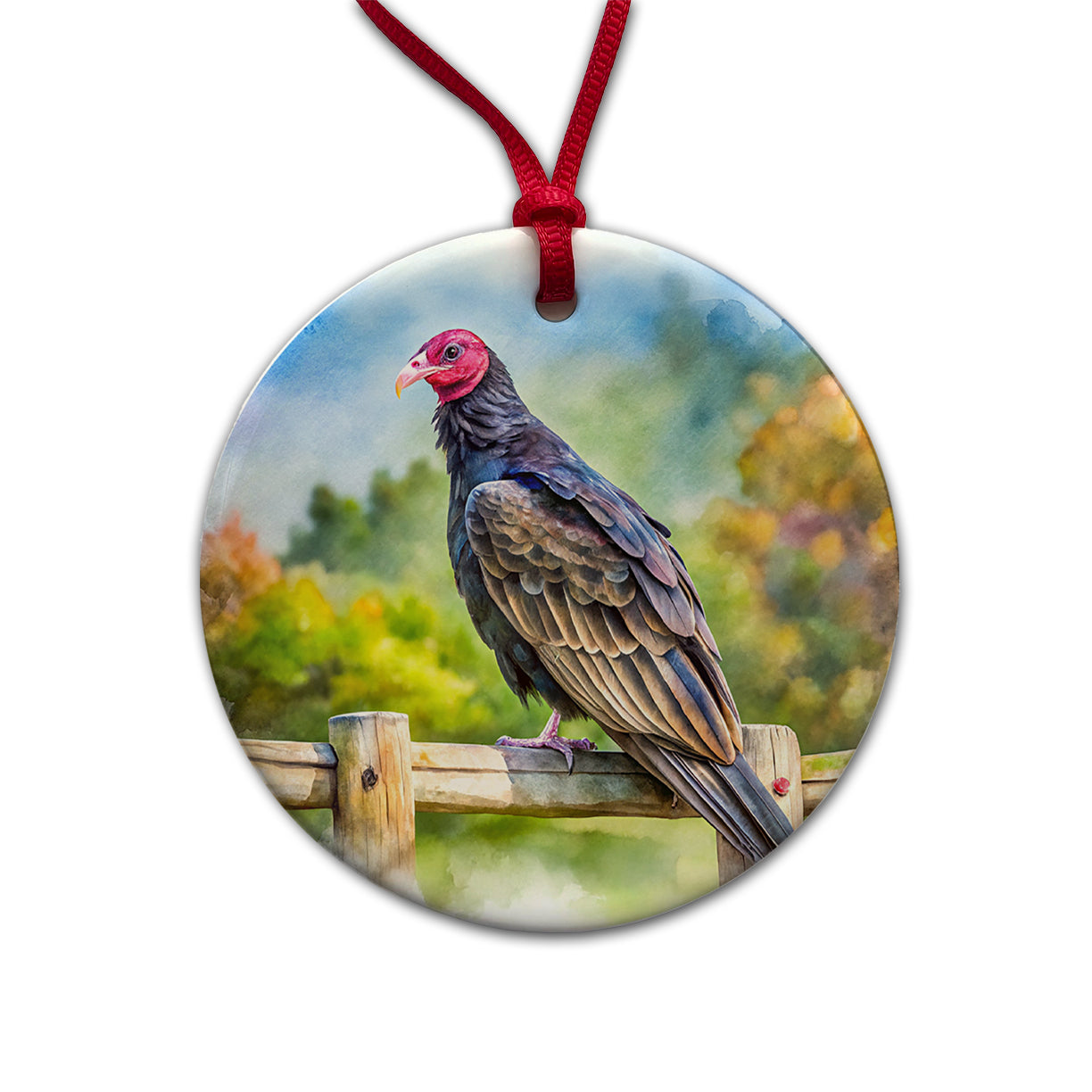 Black Turkey Vulture Sitting On Fence Watercolor Round Ceramic Holiday Christmas Tree Ornament