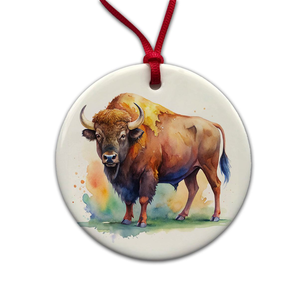 Buffalo Bison Watercolor Round Ceramic Holiday Christmas Tree Ornament