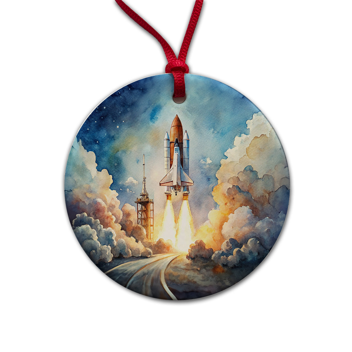 Classic Space Shuttle Launch Watercolor Round Ceramic Holiday Christmas Tree Ornament