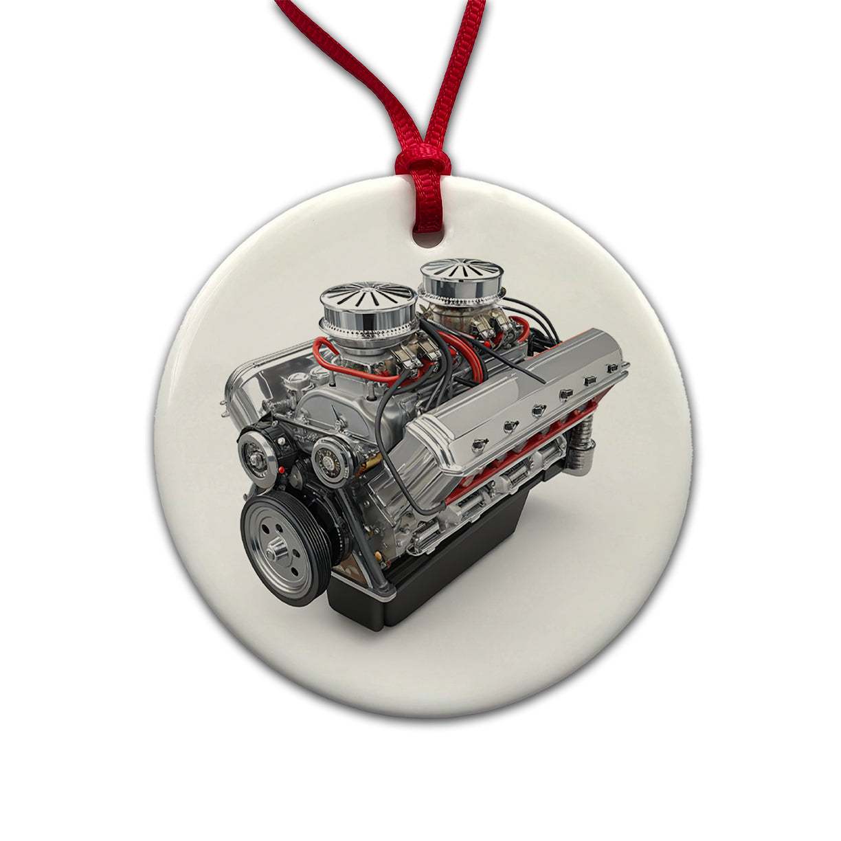 Classic V8 Muscle Car Engine Round Ceramic Holiday Christmas Tree Ornament