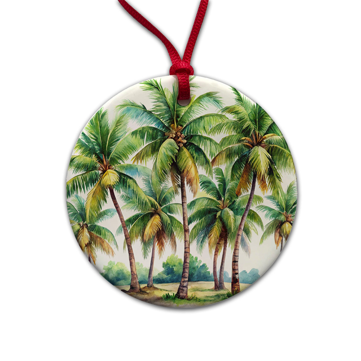 Coconut Trees Tropical Beach Watercolor Round Ceramic Holiday Christmas Tree Ornament