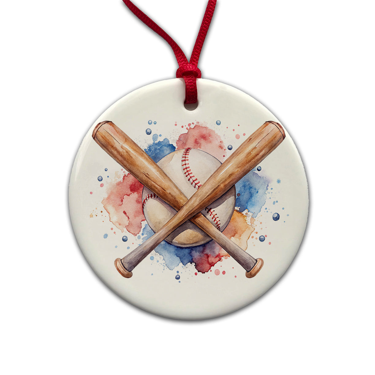 Crossed Baseball Bats And Balls Watercolor Round Ceramic Holiday Christmas Tree Ornament