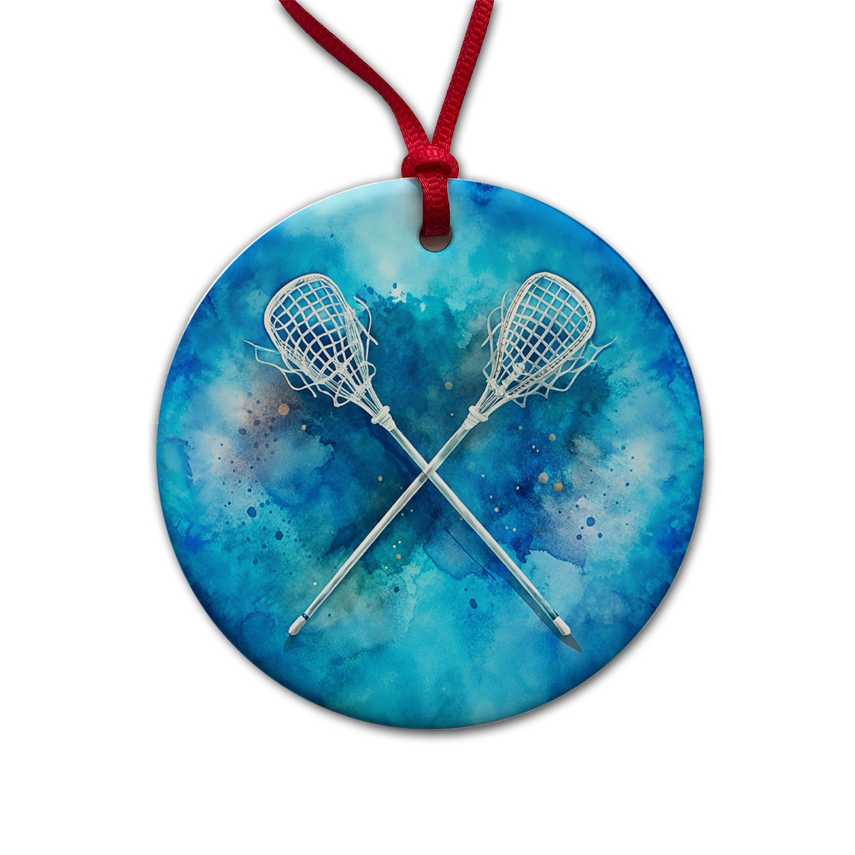 Crossed Lacrosse Sticks On Blue Background Round Ceramic Holiday Christmas Tree Ornament