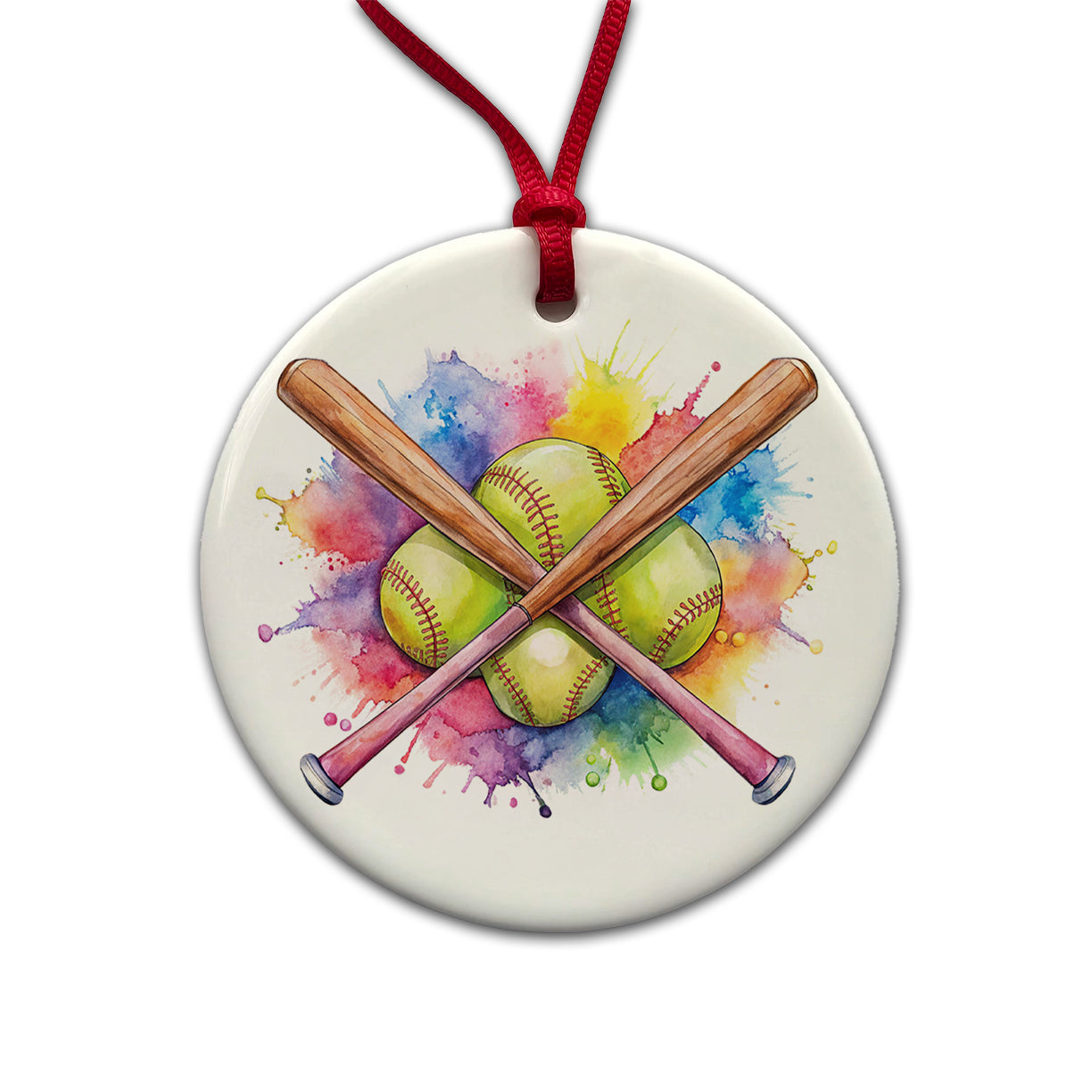 Crossed Softball Bats And Balls Watercolor Round Ceramic Holiday Christmas Tree Ornament
