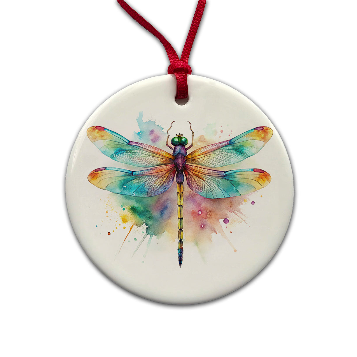 Dragonfly Colorful Background Watercolor Round Ceramic Holiday Christmas Tree Ornament